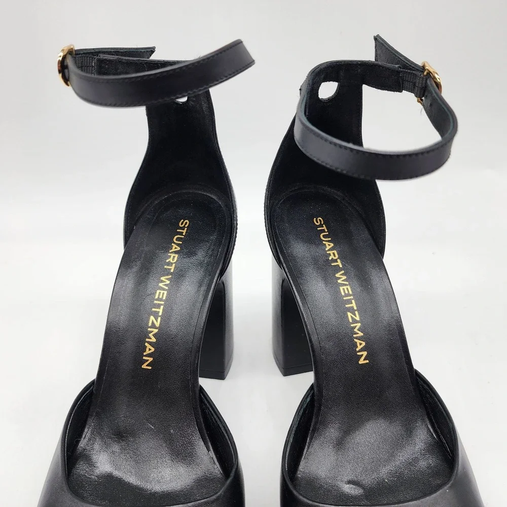Stuart Weitzman Dayna Platform Pump Women's 7B Black Leather Ankle Strap Heels